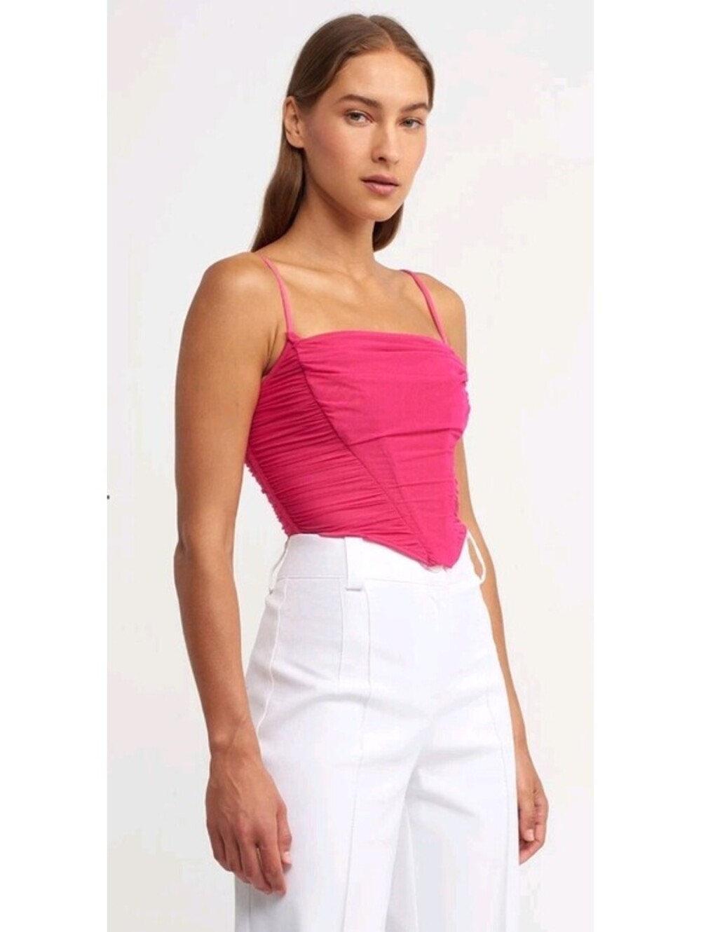 Zesica Medium Pink Ruched Mesh Camisole Top Sweetheart Neckline